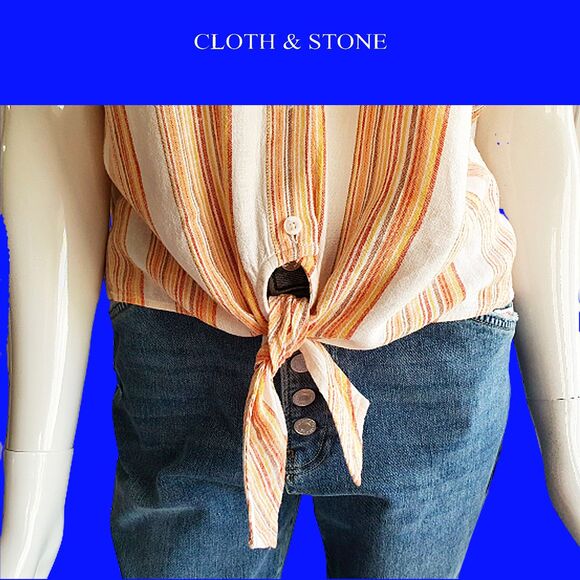 CLOTH & STONE NEW Linen Stripe V-Neck Tie Cuff Sleeve Crop Top M - Picture 8 of 12